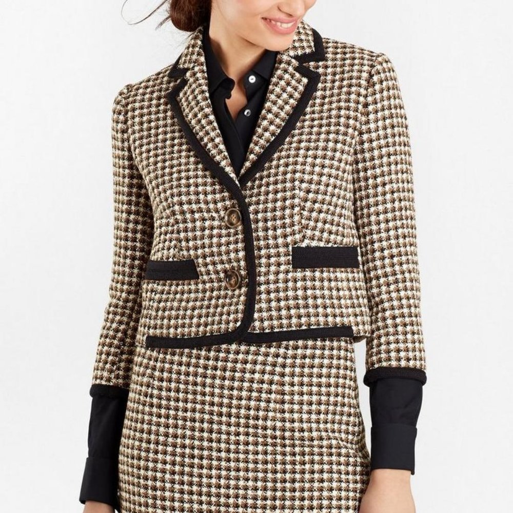 Brooks Brothers Checked Tweed Cropped Jacket and Skirt in Brown-Black